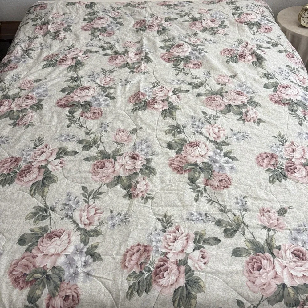Vintage Bibb Queen Comforter Floral Cabbage Rose Reversible Cottagecore 88x86